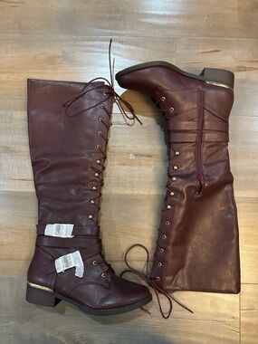 Shoe Dazzle Over-the-Knee Lace-Up combat Boots in Burgundy